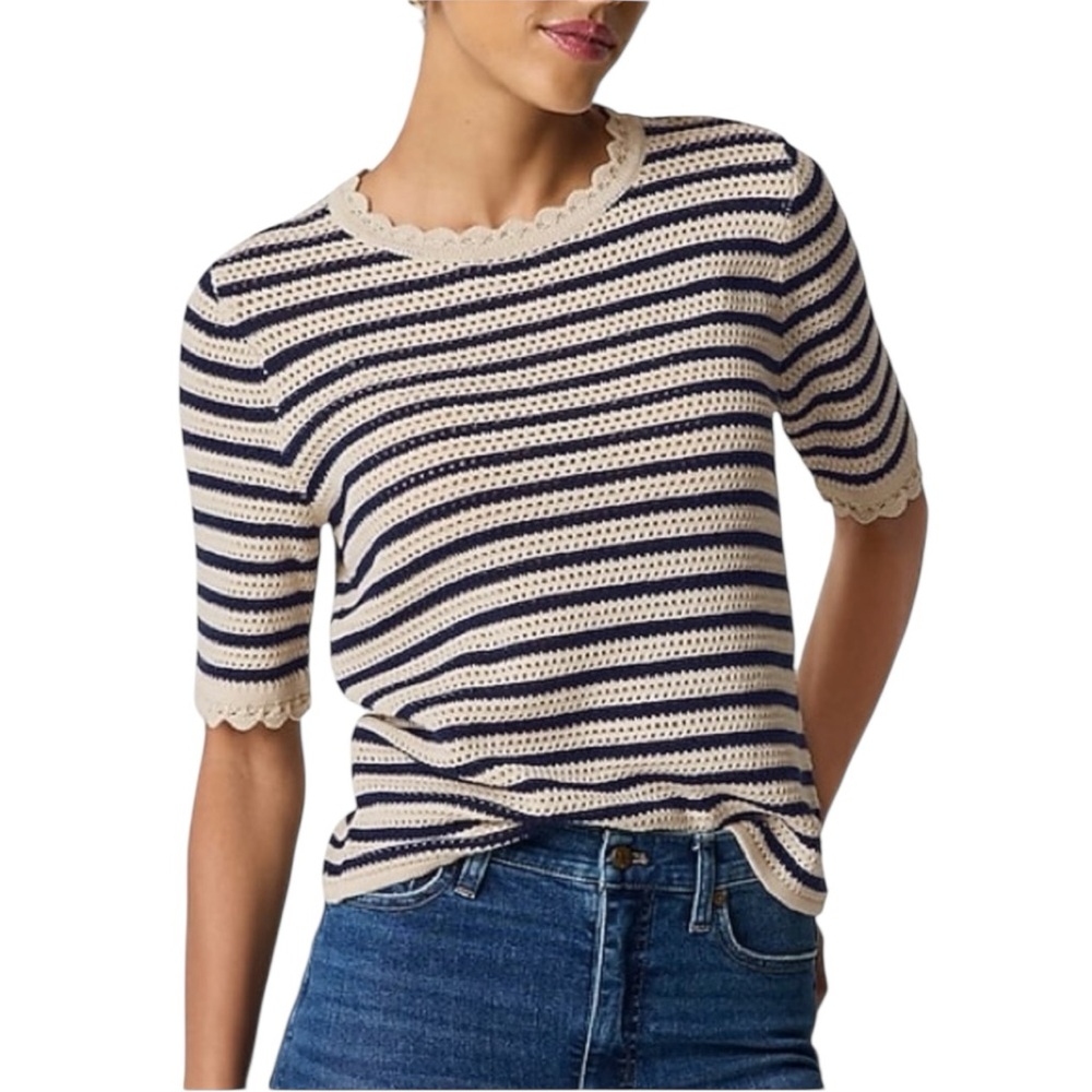 J. Crew Factory Navy and Cream Striped Crochet Scoop Neck Sweater